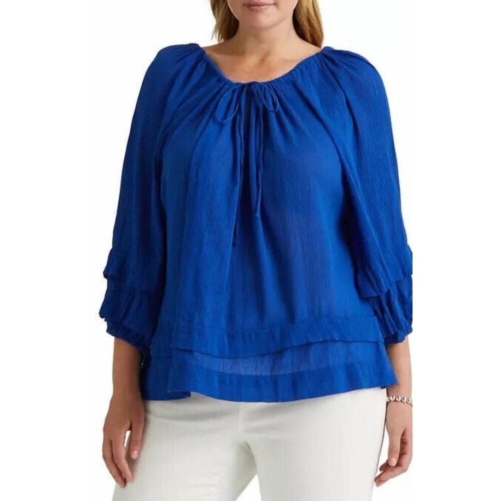Polo Ralph Lauren Womens Tiered Peasant Blouse Blue Size Small Gauze Cotton NEW